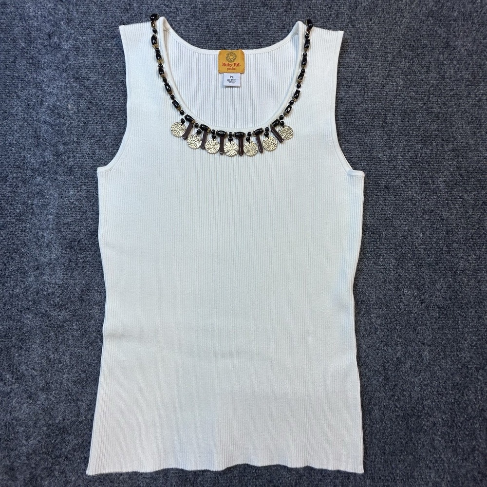 Ruby Rd Beaded Coin Neckline Rayon Blend Stretch tank Ivory Cream Petite L Y2K